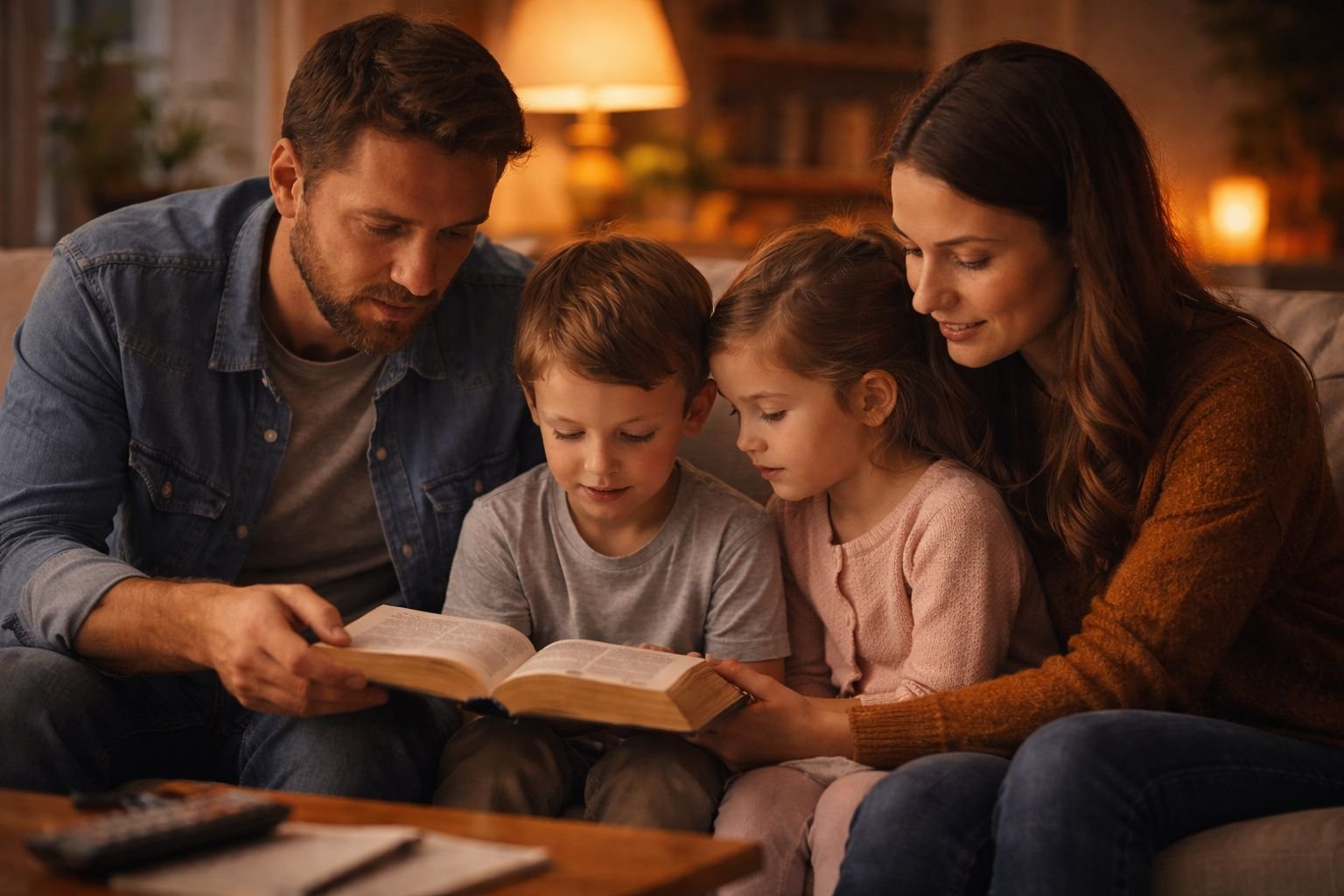 Pai, mãe e filhos lendo a Bíblia juntos em casa