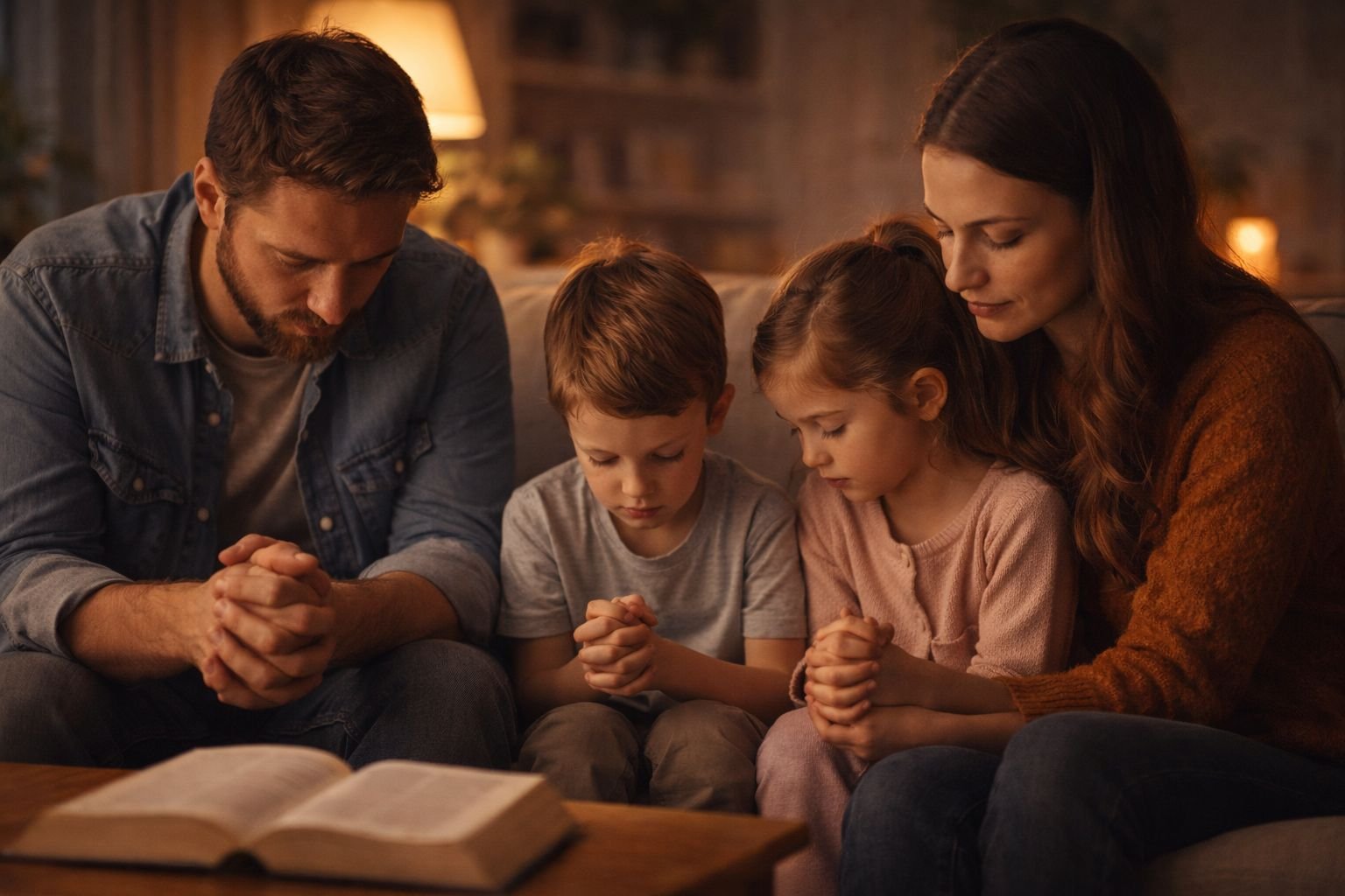 Família cristã reunida orando em casa